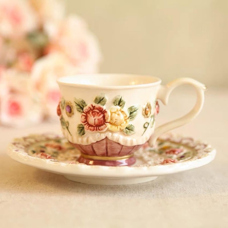 FORLONG Ceramic Coffee Mug and Saucer Set for Women, Vitorian Hand-painted Rose Flower Tea Cup - 3oz(Red) - Image 3